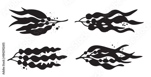 Four stylized black seaweed silhouettes with organic shapes and subtle splatter details create a versatile graphic element for various design projects.