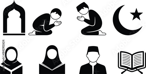 Collection of islamic pray icon, mosque, muslim people, and crescent star vector illustration