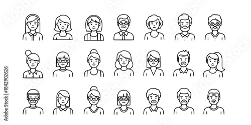 Diverse people icons set line art avatar collection. 
