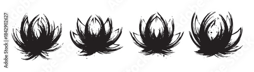 Stylized lotus flowers in a black ink brush stroke style creating a set of artistic, abstract, and spiritual symbols with a textured, grunge aesthetic.