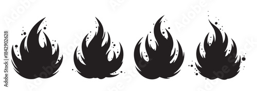 Stylized black flame icons with abstract shapes and scattered sparks represent energy, passion, and danger in a modern graphic design.