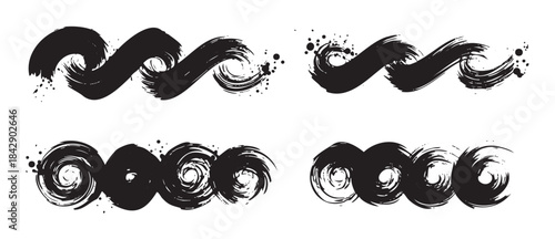 Collection of abstract black brush stroke elements featuring wavy and circular shapes with a textured grunge effect, perfect for creative design.