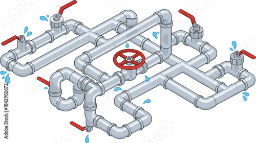 Complex leaking pipe system illustration with valves and dripping water, industrial plumbing network graphic showing maintenance issues and repair concept in detailed style