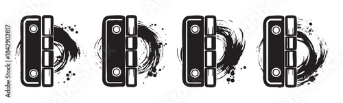 Four stylized door hinges with artistic brushstroke details creating a grunge aesthetic, perfect for design elements or construction themes.