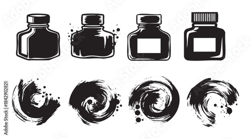Ink bottles and abstract ink splatters are depicted in a versatile black and white vector illustration for creative design projects.