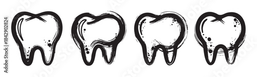 Four stylized teeth icons with a hand-drawn brush stroke texture, representing dental health and care in a creative, artistic style.