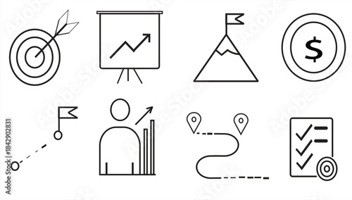 Business Strategy Line Icons Set for Planning, Goal Tracking and Growth Reports
