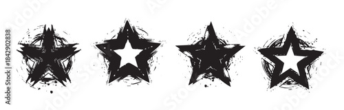 Four grunge stars with distressed textures and brush stroke effects create a bold and edgy graphic design element perfect for various creative projects.