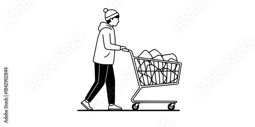 Shopping people carrying bags cart icon set. 