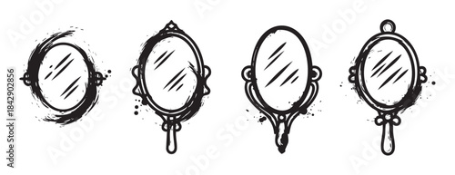 Vintage hand mirrors collection featuring various ornate frames and distressed grunge textures, perfect for decorative design elements.