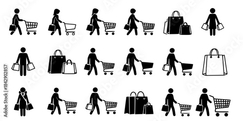 Shopping people carrying bags cart icon set. 