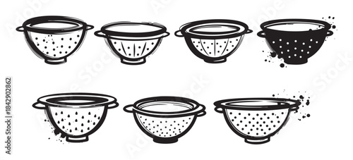 Various kitchen colanders and strainers are depicted in a hand-drawn, black and white sketch style, featuring different textures and designs suitable for culinary themes.