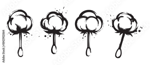Four cotton plant bolls depicted in a stylized black ink brush stroke vector illustration set, perfect for natural product branding or textile design.