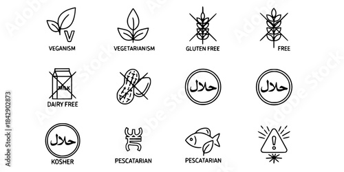 Diverse eating habits icons set black and white.