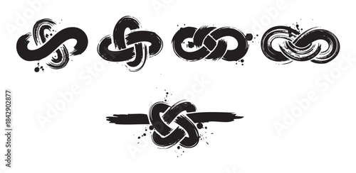 Collection of artistic brushstroke knot and infinity symbols featuring a textured, hand-drawn style with decorative ink splatters.