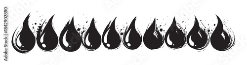 Black ink drops arranged in a horizontal row with a distressed, grunge, and hand-drawn brushstroke texture, creating an artistic liquid or flame-like design.