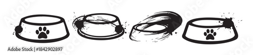 Four stylized dog bowls with paw prints are depicted in a dynamic black and white brush stroke illustration, conveying pet care and feeding.