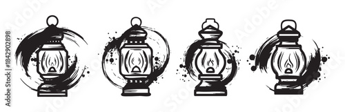 Four traditional old lanterns are artistically rendered with a dynamic ink splatter and brush stroke effect, evoking a sense of vintage charm.