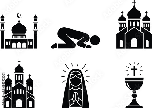 Collection of pray icon, muslim mosque and christian church flat vector design element, religious symbols