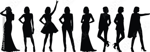Elegant female silhouettes in fashionable poses, modern women standing with confidence, stylish dress and outfit illustration for fashion, beauty, glamour design concepts
