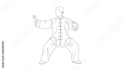 A simple line drawing depicts a person practicing tai chi showcasing a graceful pose