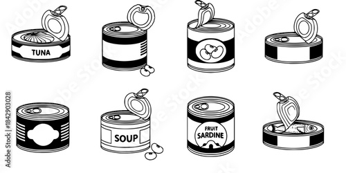 Various canned food items open and closed. 
