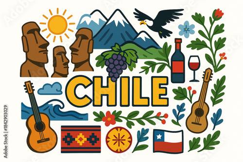 Chile Cultural Icons Vector Illustration with Landmarks, Nature and Traditional Elements