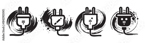 Four stylized electric plugs with grunge brushstroke elements depicting a modern and artistic power connection concept in a graphic black and white illustration.