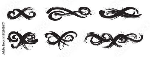 Black brush stroke flourishes create a versatile set of elegant and artistic decorative elements, perfect for enhancing various design projects with a hand-drawn ink texture.