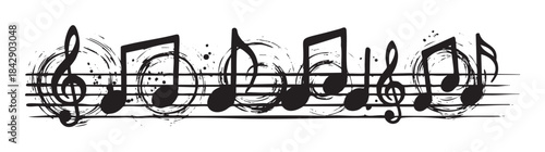 Musical notes and clefs are arranged on a staff with a grunge brushstroke texture, creating an artistic and expressive music-themed design.