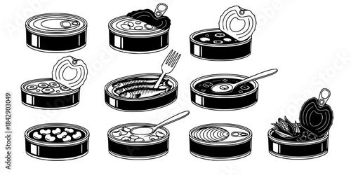Various canned food items open and closed. 