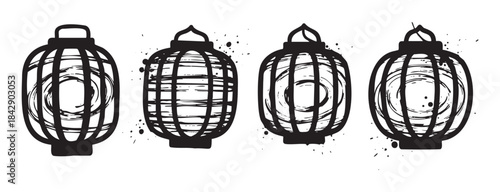 Four black and white hand-drawn lanterns in a distressed ink style, perfect for cultural decorations, festive designs, and artistic projects.