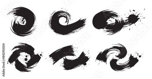 Abstract black ink brush strokes create a dynamic collection of artistic elements with expressive textures, splatters, and swirling shapes.