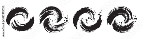 Black brushstroke swirls create a dynamic and artistic abstract design element with a textured, hand-drawn aesthetic, perfect for creative projects.