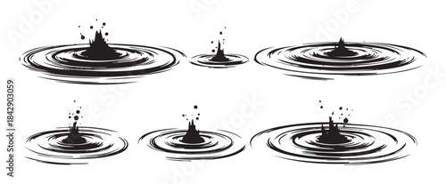 Water drops creating dynamic ripples and splashes in a stylized black and white illustration, depicting liquid movement and impact.