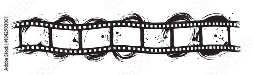 Grungy film strip graphic with artistic brushstroke texture and ink splatters, conveying a vintage and creative aesthetic for various design projects.