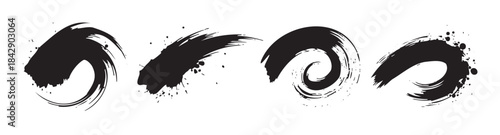 Black ink brush strokes create a versatile collection of artistic grunge elements with dynamic textures and splatter details, perfect for graphic design.