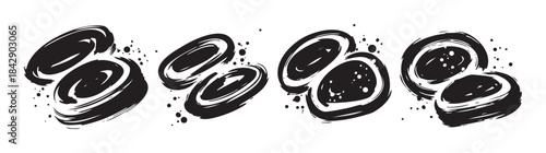 Abstract black brushstroke shapes create a dynamic artistic pattern with expressive ink splatters and bold graphic elements, perfect for modern design.