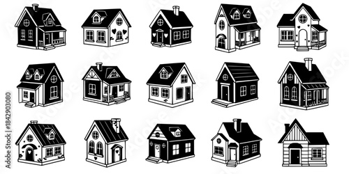 Collection of cute black house icons illustrations.