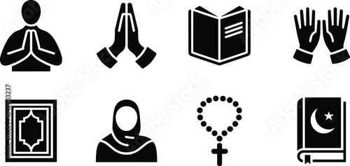 Collection of pray icon, muslim woman, rosary, open book and praying hands silhouette vector elements