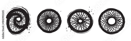 Abstract grunge wheel patterns with intricate spokes and distressed texture create a dynamic visual design element for various creative projects.