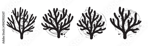 Stylized coral shapes with grunge texture and artistic brushstroke details creating an abstract nature illustration, perfect for decorative design elements.
