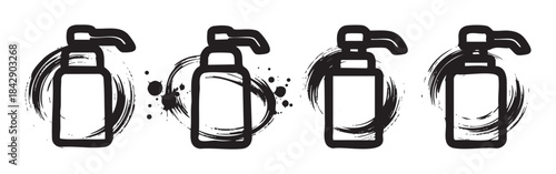 Four stylized black and white dispenser bottles with pump tops are depicted in a grunge brush stroke art style, suitable for various design projects.