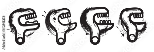 Four stylized adjustable wrenches illustrated with a grunge brush stroke effect, showcasing a unique artistic interpretation of essential hand tools for various repair and construction tasks.