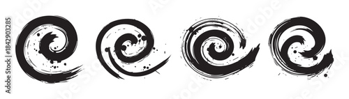 Four black spiral brush strokes create an artistic grunge texture and ink splatters, forming a dynamic and expressive abstract design element set.
