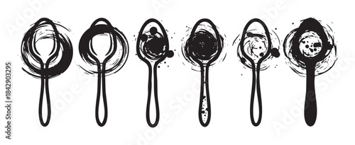 Six artistic black ink spoons with expressive brushstroke textures and splatters form a unique and stylish culinary design element for various food-related concepts.