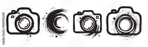 Camera icons with artistic brush stroke texture and grunge details, representing photography, creativity, and visual art in a modern, stylized design.