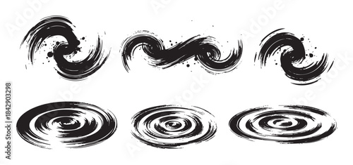Abstract black ink brush strokes collection features various dynamic swirls, waves, and concentric ripple patterns, perfect for artistic design elements.