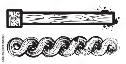Wooden banner with a textured wood grain pattern and an artistic brushstroke wave border design, both featuring grunge ink splatters in a black and white illustration.