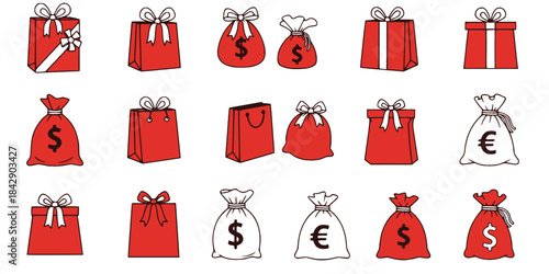 Red gift bags and money sacks collection vector